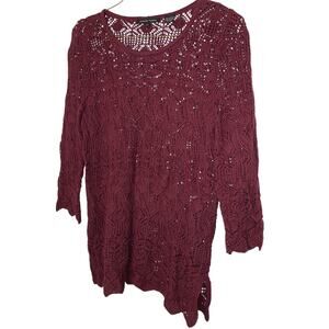 Jeanne Pierre Burgundy Crochet Knit Sweater Women’s Small 3/4 Sleeve Cotton